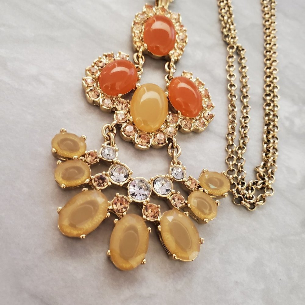 🧡 J Crew Pendant Orange Fan Gold Crystal Rhinstone Necklace 🧡 - Picture 2 of 10